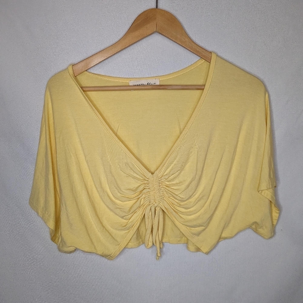 Copper Blue Butter Yellow Deep Neckline Cropped‎ Top Size Small Short Scrunched